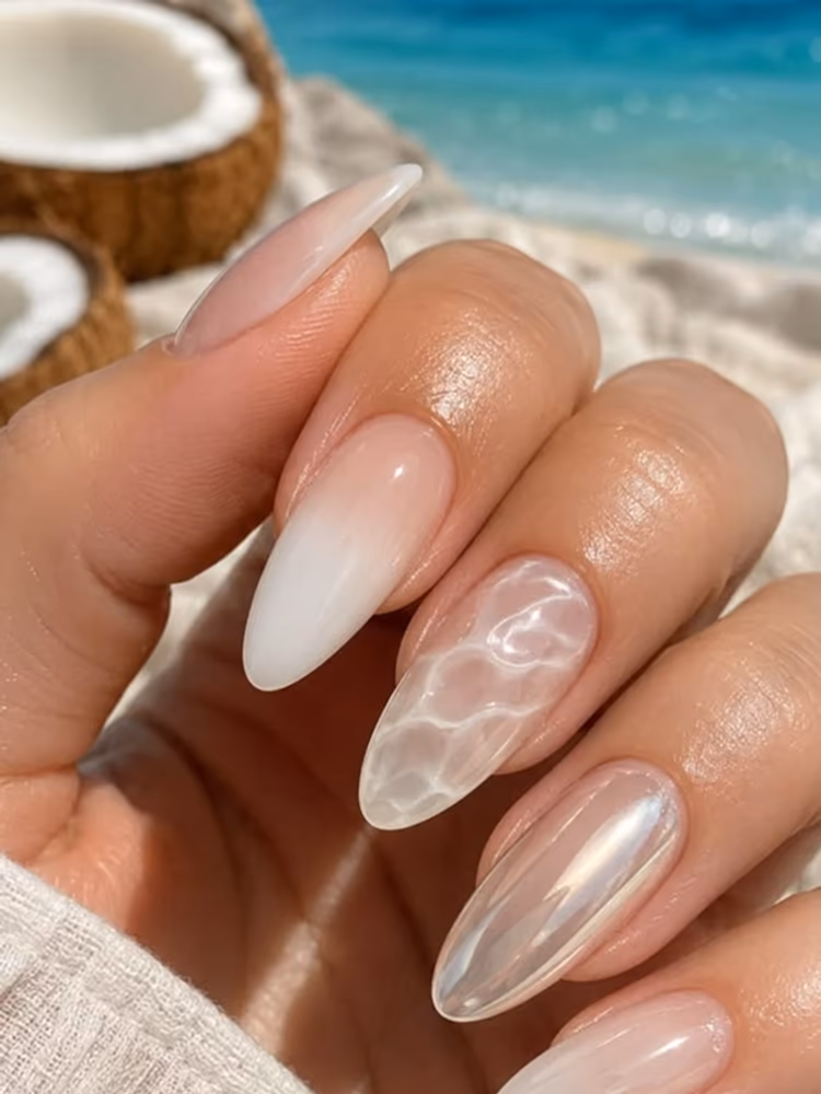 Pastel blue french tips with 3D hibiscus flowers