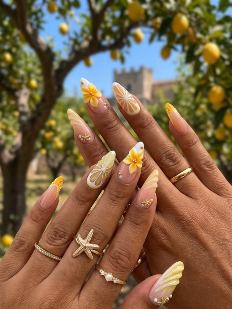 Milky pink almond nails with tiny floral art