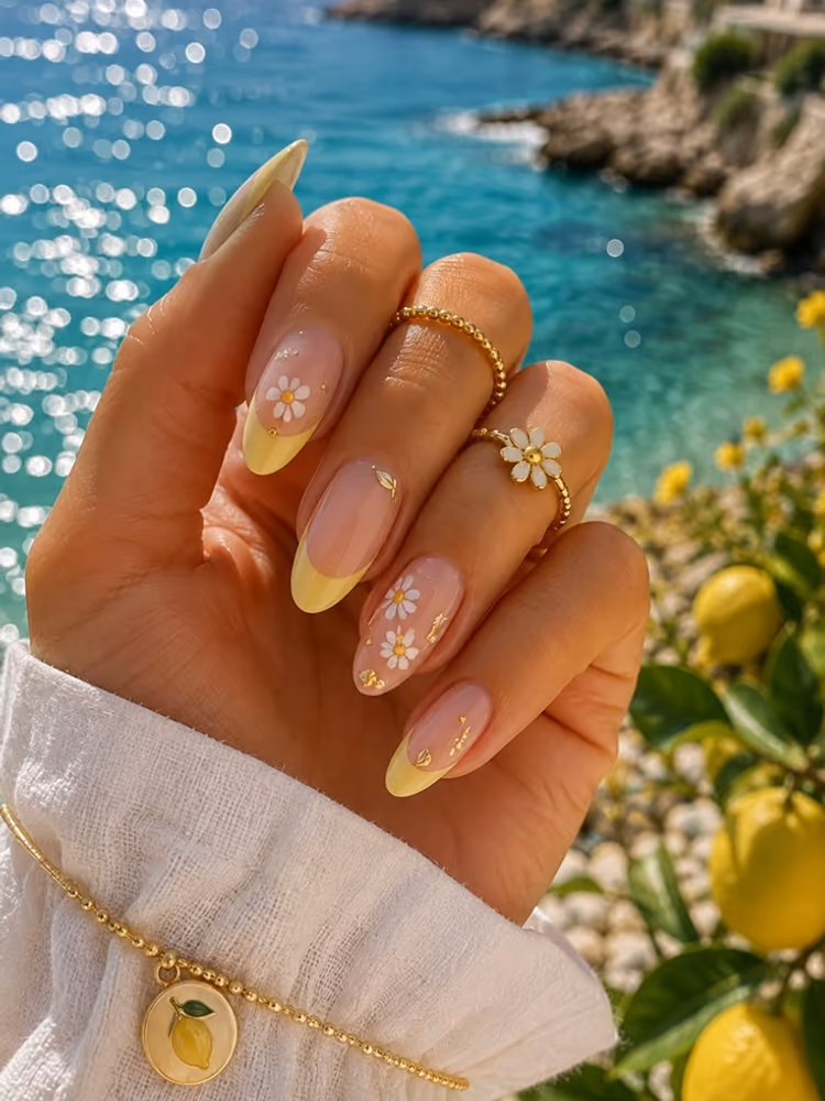 Lemon-yellow french tips with a 3D daisy