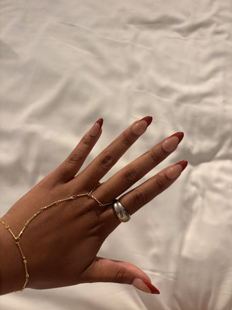 Milky white short nails with a tiny pink heart
