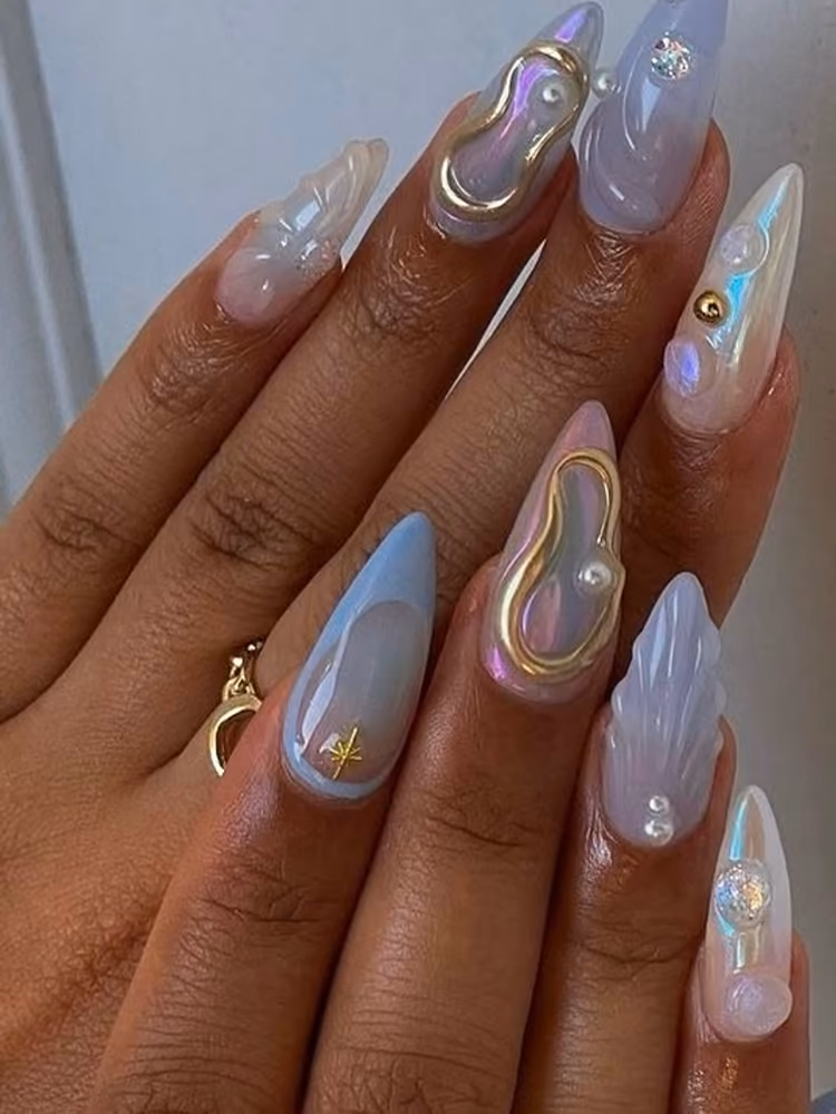 Pink swirl french tips on almond nails
