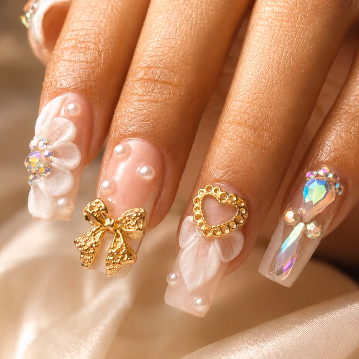 3d Sculpting, Charm Placement, Rhinestone Placement, Square — nail work by Ambiance Nail Bar