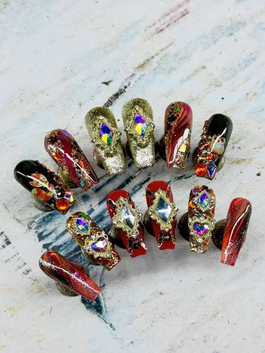 Charm Placement, Crystal Placement, Encapsulation, Marbling — nail work by Southernly Sweet Nails