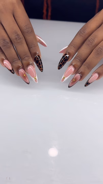 Charm Placement, French Manicure, Stiletto, Tortoiseshell Effect — nail work by Yesit Nails