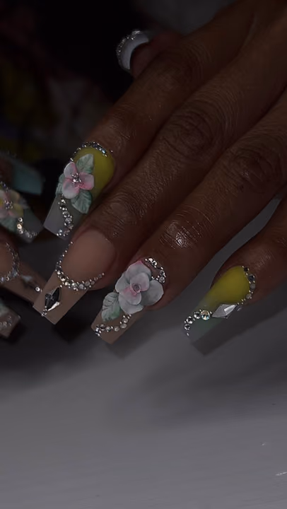 3d Sculpting, Rhinestone Placement, Square — nail work by Nailed By Christel