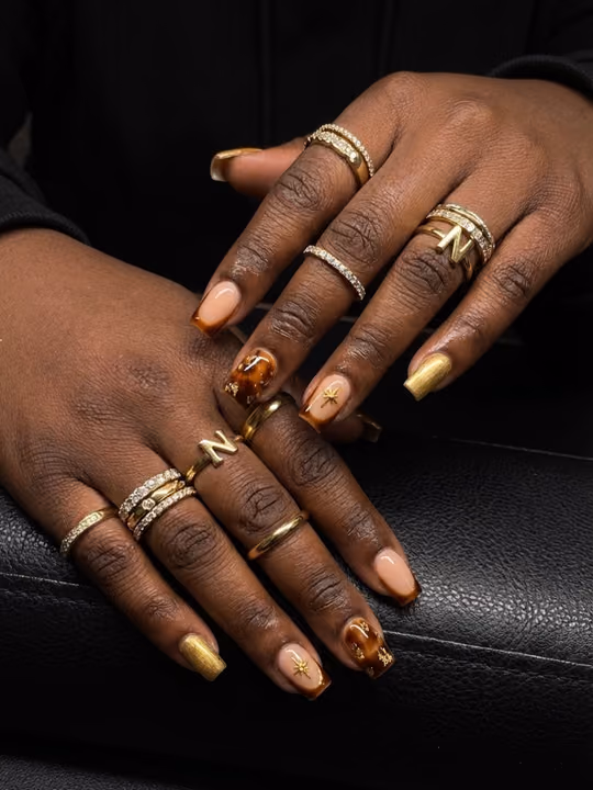 Charm Placement, Chrome, Structured Gel, Tortoiseshell Effect — nail work by Olaiya Beauty Atlantas Best Mobile Nails