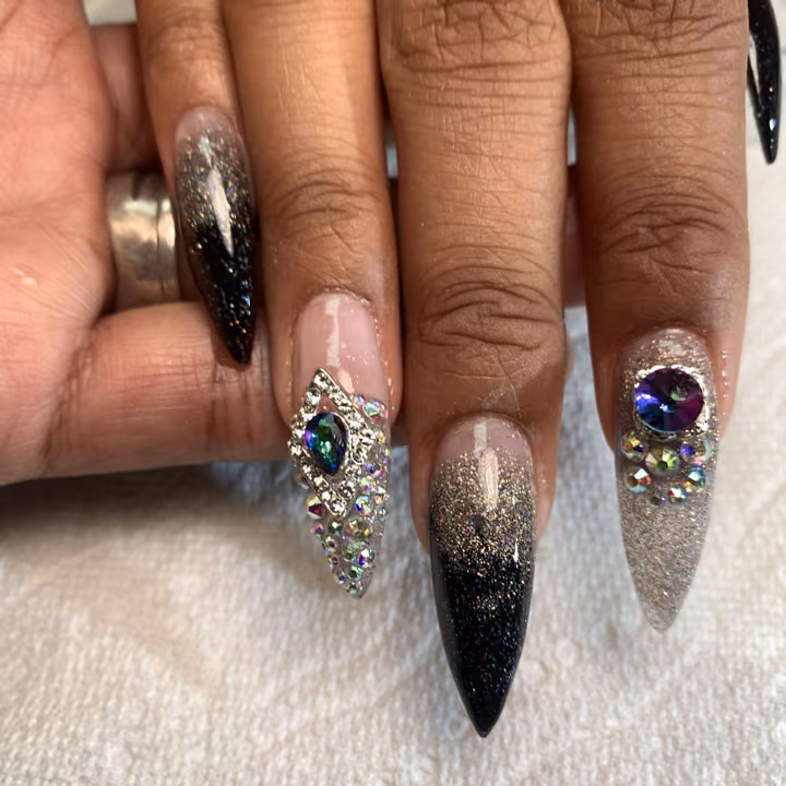 Crystal Placement, Ombre, Stiletto — nail work by just nails