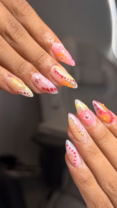Airbrush, Charm Placement, Hand Painting, Structured Gel — nail work by Nellysetss