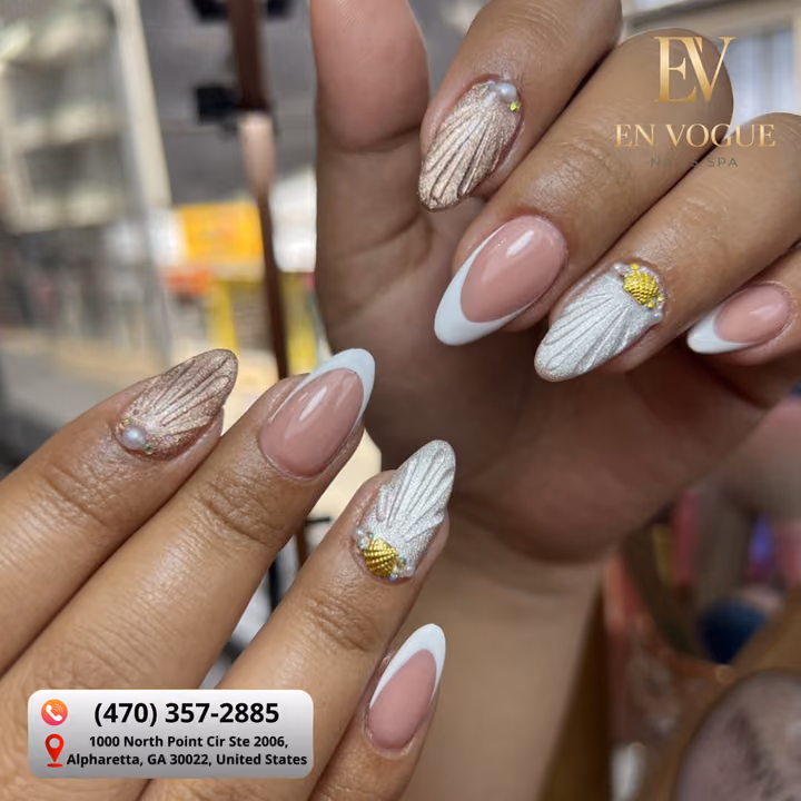 3d Sculpting, French Manicure, Pearl Embbellishment, Textured Finish — nail work by En Vogue Nails Spa