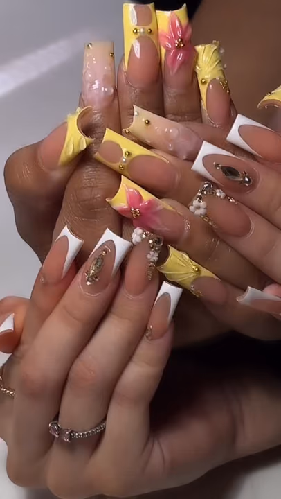 3d Sculpting, Hand Painting, Rhinestone Placement, French Manicure — nail work by LuxuryStrokeNails