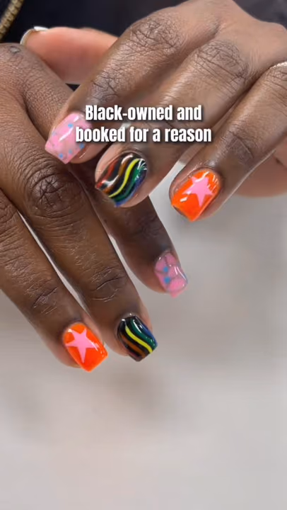 Hand Painting, Puffy Gel Art, Star Art — nail work by Doll House Nails