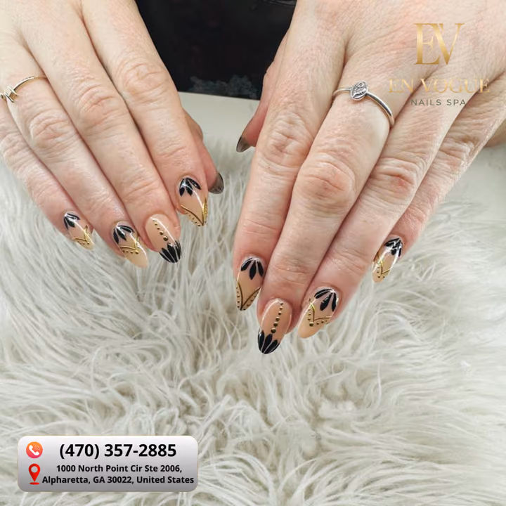 Line Art, Transfer Foil, Hand Painting, Negative Space — nail work by En Vogue Nails Spa