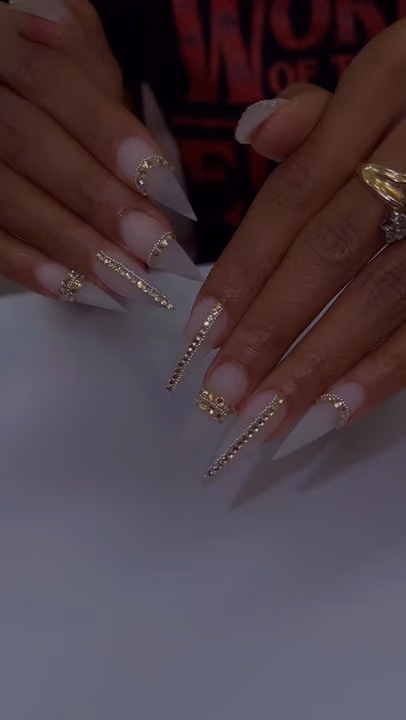 Cuticle Cuff Art, Matte, Rhinestone Placement, Stiletto — nail work by Nailed By Christel