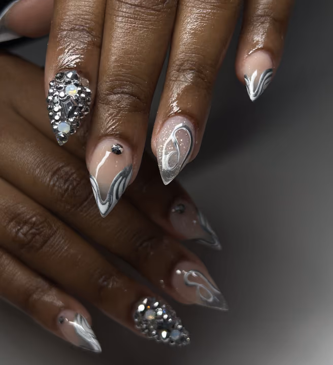 Chrome, Crystal Placement, 3d Sculpting, Stiletto — nail work by Modern Image Artistry