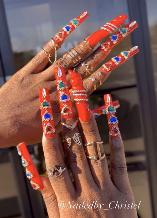 Crystal Placement, Extreme Length, Rhinestone Placement — nail work by Nailed By Christel