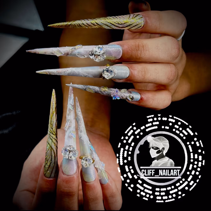 3d Sculpting, Extreme Length, Rhinestone Placement, Nail Extensions — nail work by Cliff Nail Art