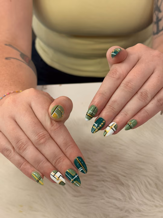 Transfer Foil, Geometric Art, Line Art — nail work by 5Th Nail Lounge Morrow