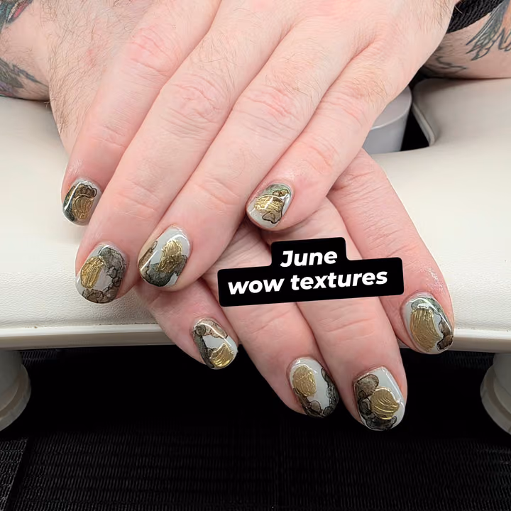 Abstract Art, Transfer Foil, Textured Finish — nail work by Kat