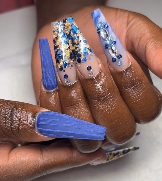 Coffin, Crystal Placement, Encapsulation, Extra Long Length — nail work by Modern Image Artistry