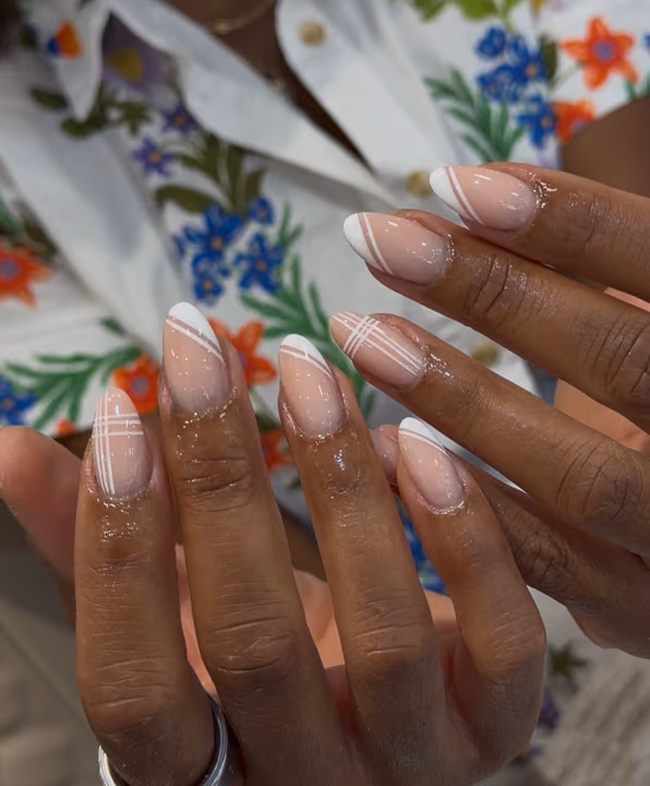 Almond, Line Art, Plaid — nail work by TenTen Buckhead Nails