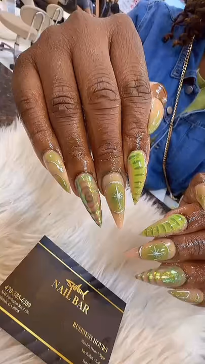 3d Sculpting, Chrome, Reptile Print, Stiletto — nail work by Shark Nail Bar