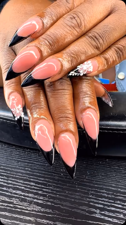 French Manicure, Hand Painting, Stiletto — nail work by Nailsbytam_thecelebtech
