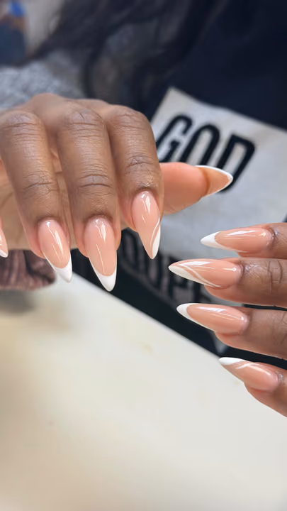 French Manicure, Line Art, Stiletto — nail work by Nails By Yoko.