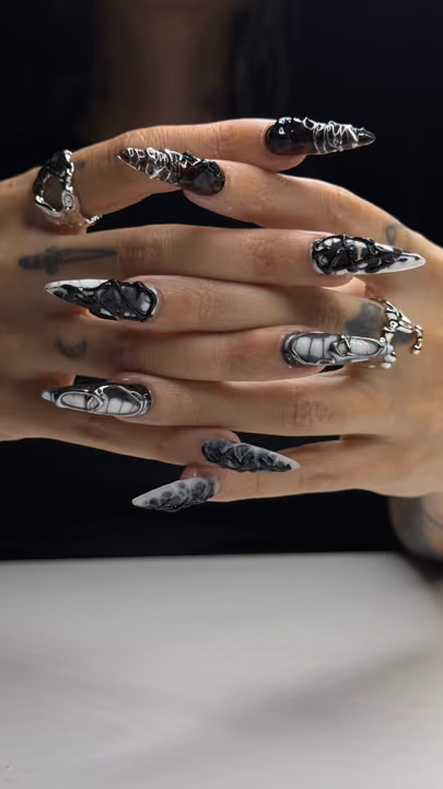 3d Sculpting, Chrome, Stiletto, Textured Finish — nail work by Nails by Cody