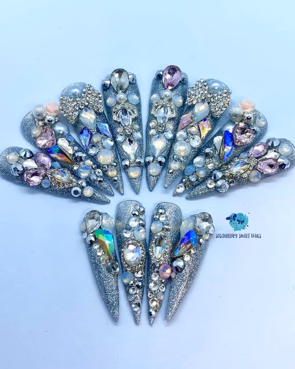 Crystal Placement, Press Ons, Stiletto — nail work by Southernly Sweet Nails