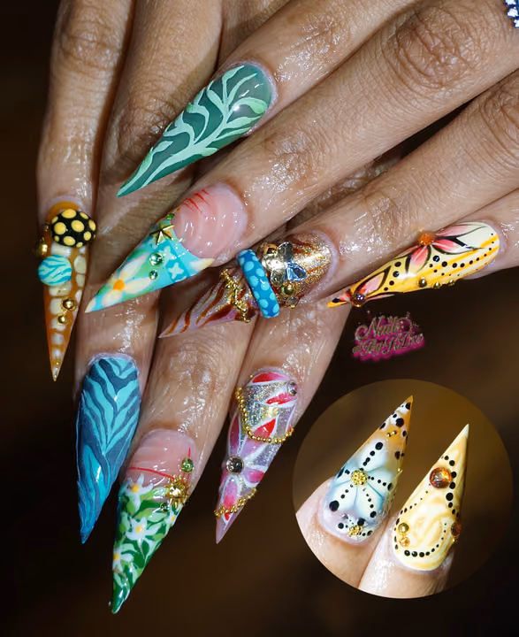 3d Sculpting, Charm Placement, Line Art, Hand Painting — nail work by ATL Nail Artist