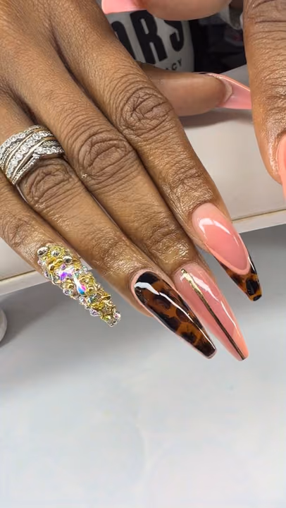 Crystal Placement, French Manicure, Tortoiseshell Effect — nail work by Rachel Odom