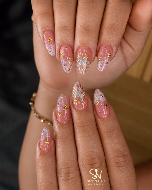Charm Placement, Chrome, Marbling — nail work by SET NAILS GARDEN