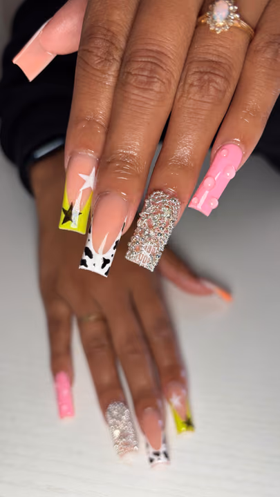 Animal Print, Extra Long Length, Crystal Placement, Hand Painting — nail work by Skyler Floyd