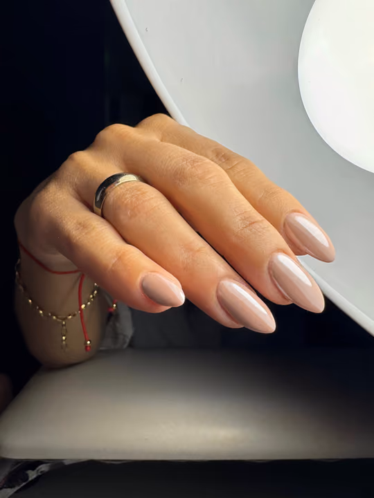 Almond, Glossy Finish, Structured Gel — nail work by Keilastudio