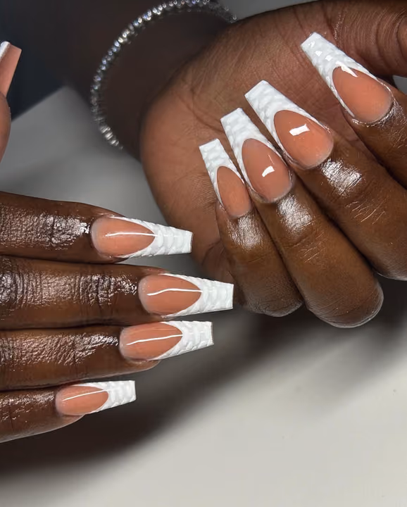 Coffin, Extra Long Length, French Manicure, Sweater Texture — nail work by Modern Image Artistry