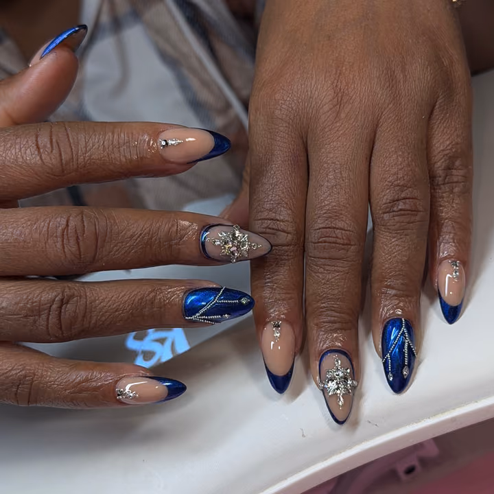 Chrome, Hand Painting, Rhinestone Placement — nail work by TARA NAILS & LASH -nails