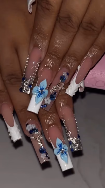 3d Sculpting, French Manicure, Hand Painting, Rhinestone Placement — nail work by LuxuryStrokeNails