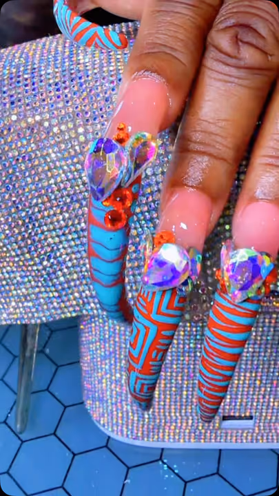 Extreme Length, Hand Painting, Rhinestone Placement, Stiletto — nail work by Da Bling God