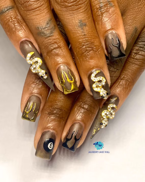 Character Art, Charm Placement, Chrome, Nail Extensions — nail work by Southernly Sweet Nails