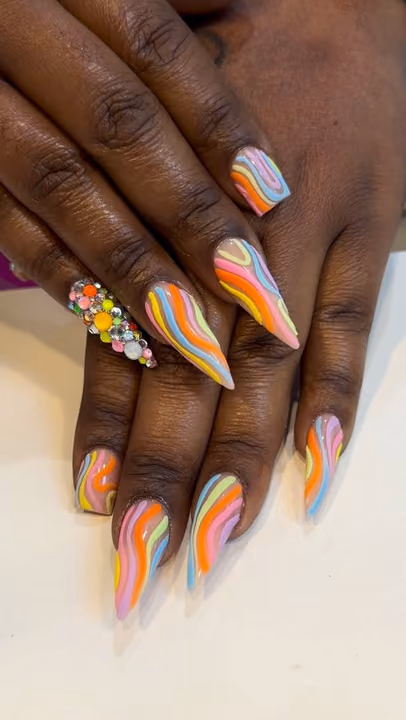 Crystal Placement, Raised Gel, Stiletto — nail work by BEELLAGIO NAIL, WAX, & LASH BAR