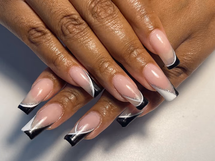 French Manicure, Glitter Detailing, Line Art — nail work by Atlanta Nail Artist