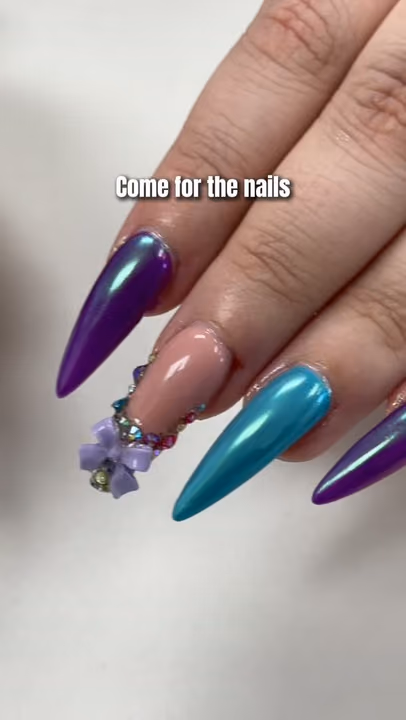 Encapsulation, Chrome, Rhinestone Placement — nail work by Doll House Nails