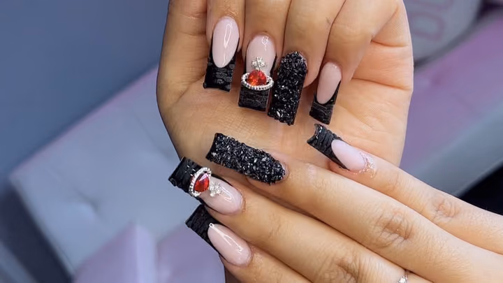 Charm Placement, Nail Extensions, Textured Finish — nail work by Abbienailz