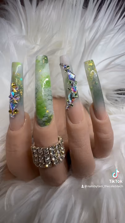 Encapsulation, Extreme Length, Rhinestone Placement, Nail Extensions — nail work by Nailsbytam_thecelebtech