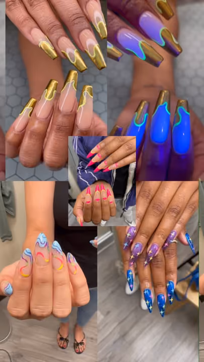 Chrome, Glow In The Dark, Hand Painting, Line Art — nail work by Sophy’s Nail Lab