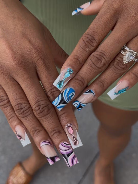 Abstract Art, French Manicure, Hand Painting, Rhinestone Placement — nail work by TenTen Buckhead Nails