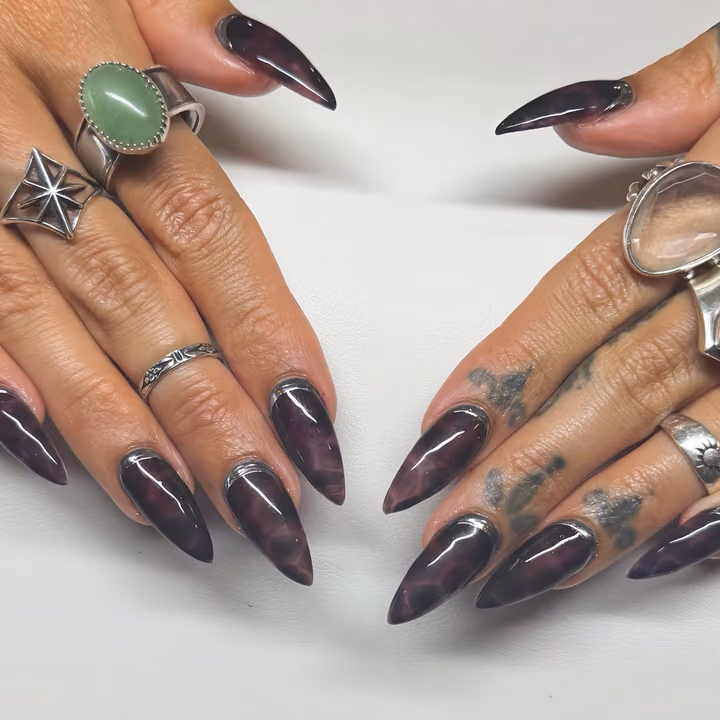 Chrome, Metal Accents, Smoke Effect, Stiletto — nail work by The Nail Nest