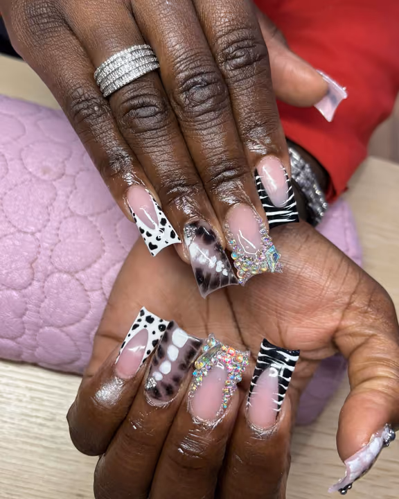 Animal Print, Crystal Placement, Duck — nail work by ATL Nail Tech
