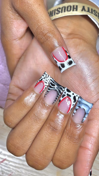Animal Print, French Manicure, Hand Painting, Square — nail work by ATL Nail Tech