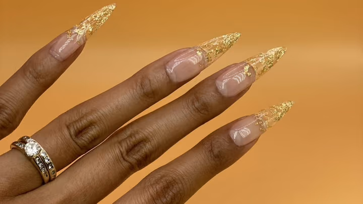 Encapsulation, Gold Foil, Stiletto — nail work by Sophy’s Nail Lab